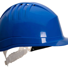 Side of Portwest Expertline Safety Helmet in royal blue with white harness with slip ratchet and black forehead cover.