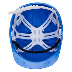 Underneath of Portwest Expertline Safety Helmet in royal blue with white harness with slip ratchet and black forehead cover.