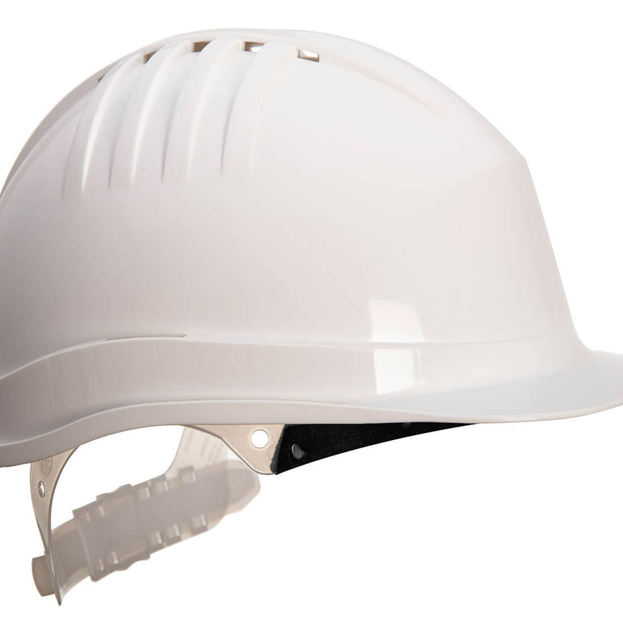 Side of Portwest Expertline Safety Helmet in white with white harness with slip ratchet and black forehead cover.