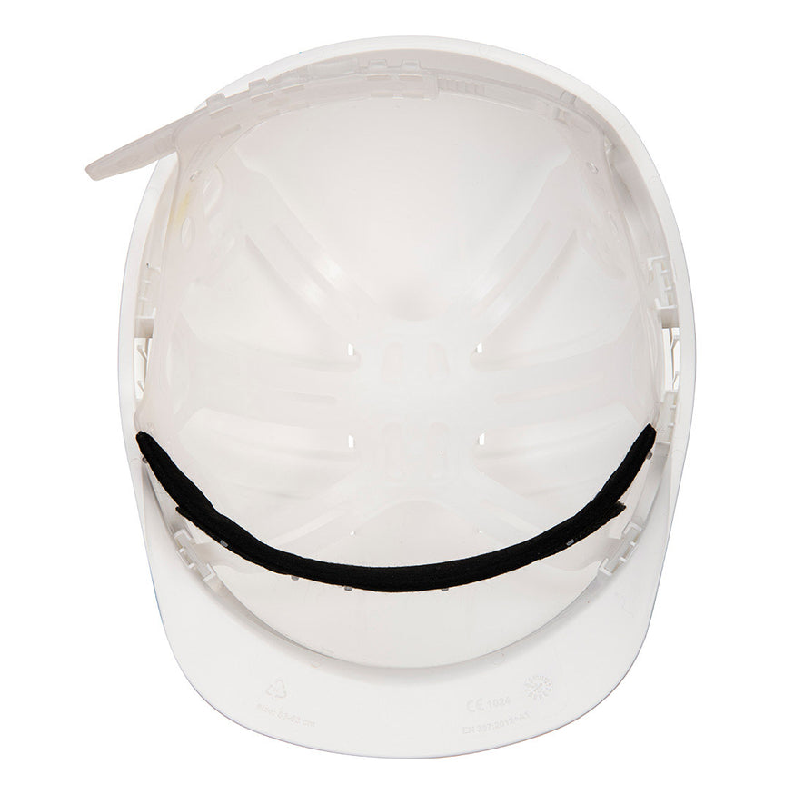 Underneath of Portwest Expertline Safety Helmet in white with white harness with slip ratchet and black forehead cover.