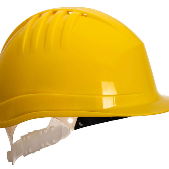 Side of Portwest Expertline Safety Helmet in yellow with white harness with slip ratchet and black forehead cover.