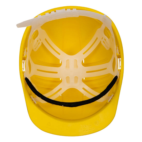 Underneath of Portwest Expertline Safety Helmet in yellow with white harness with slip ratchet and black forehead cover.