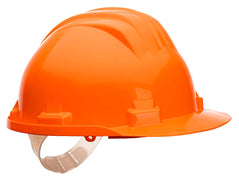 Side of Portwest Work Safe Helmet in orange with peak and white slip ratchet.