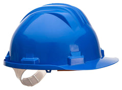 Side of Portwest Work Safe Helmet in royal blue with peak and white slip ratchet.