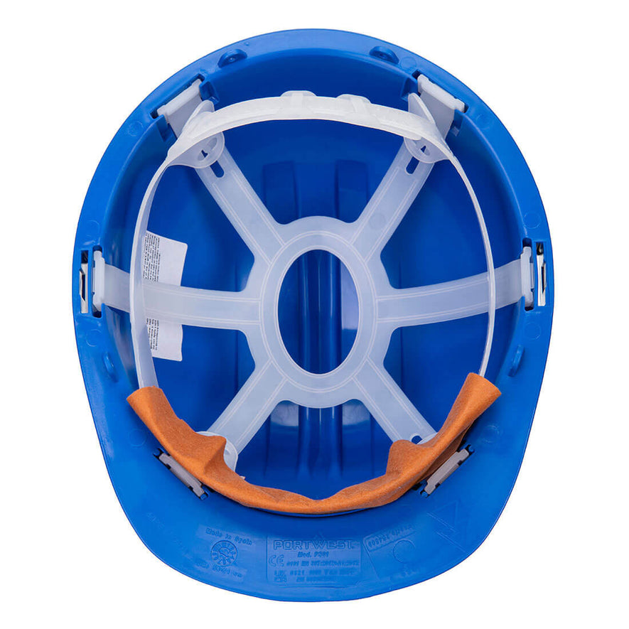 Underneath of Portwest Work Safe Helmet in royal blue with peak and white slip ratchet.