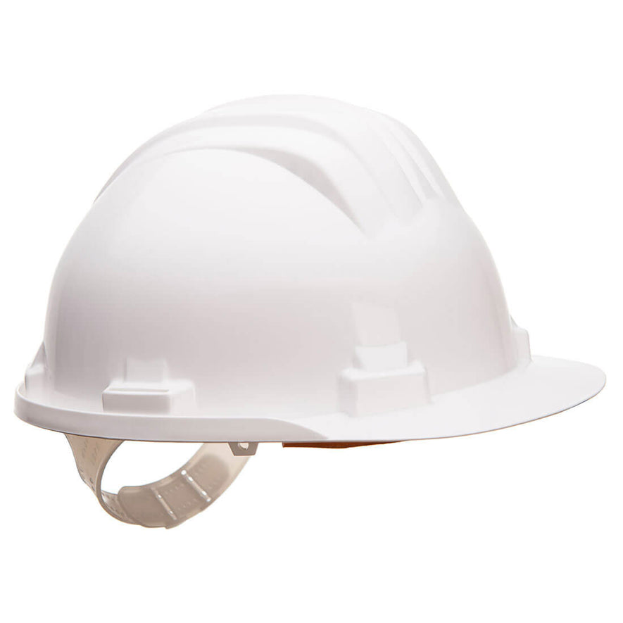 Side of Portwest Work Safe Helmet in white with peak and white slip ratchet.