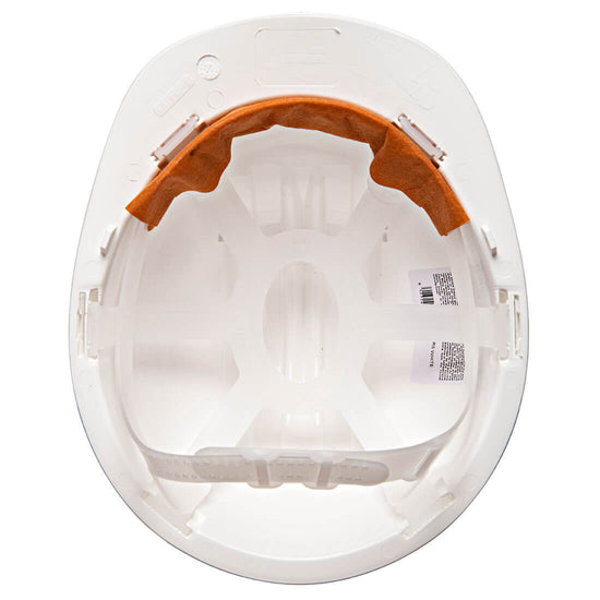 Underneath of Portwest Work Safe Helmet in white with peak and white slip ratchet.