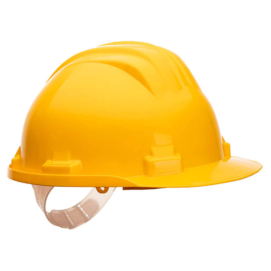 Side of Portwest Work Safe Helmet in yellow with peak and white slip ratchet.
