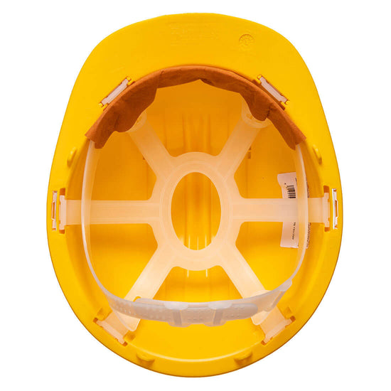 Underneath of Portwest Work Safe Helmet in yellow with peak and white slip ratchet.