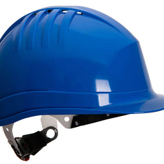 Side of Portwest Expertline Safety Helmet in royal blue with peak, white harness and black wheel ratchet.