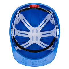 Underneath of Portwest Expertline Safety Helmet in royal blue with peak, white harness and black headband and red wheel ratchet.