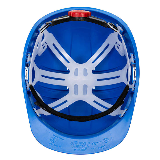 Underneath of Portwest Expertline Safety Helmet in royal blue with peak, white harness and black headband and red wheel ratchet.