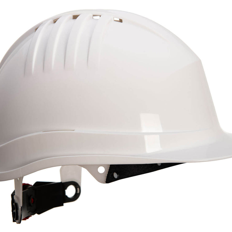 Side of Portwest Expertline Safety Helmet in white with peak, white harness and black wheel ratchet.