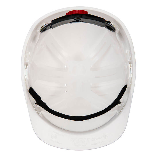 Underneath of Portwest Expertline Safety Helmet in white with peak, white harness and black headband and red wheel ratchet.