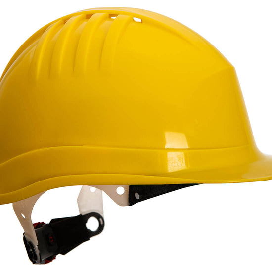 Side of Portwest Expertline Safety Helmet in yellow with peak, white harness and black wheel ratchet.