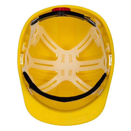 Underneath of Portwest Expertline Safety Helmet in yellow with peak, white harness and black headband and red wheel ratchet.