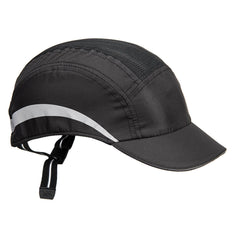 Side of Portwest AirTech Light Bump Cap in black with peak, reflective panel on side and elasticated strap with buckle on back.
