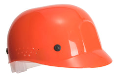 Side of Portwest Ultra Light Bump Cap in orange with white harness, ventilation holes on side and black buttons.