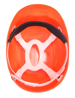 Underneath of Portwest Ultra Light Bump Cap in orange with white harness and black forehead sweatband.