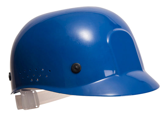 Side of Portwest Ultra Light Bump Cap in royal blue with white harness, ventilation holes on side and black buttons.