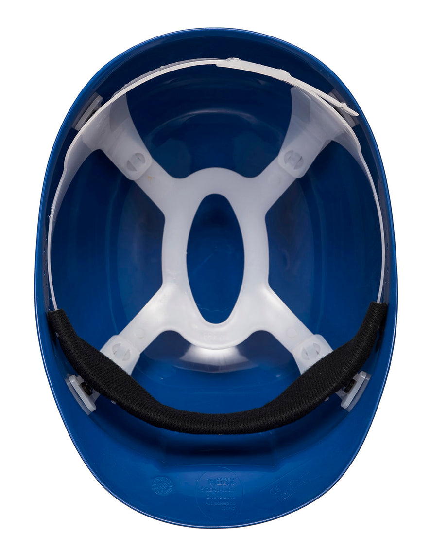 Underneath of Portwest Ultra Light Bump Cap in royal blue with white harness and black forehead sweatband.