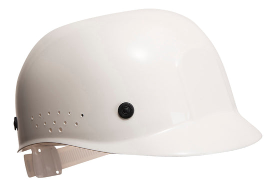 Side of Portwest Ultra Light Bump Cap in white with white harness, ventilation holes on side and black buttons.