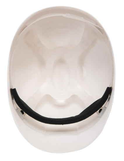 Underneath of Portwest Ultra Light Bump Cap in white with white harness and black forehead sweatband.