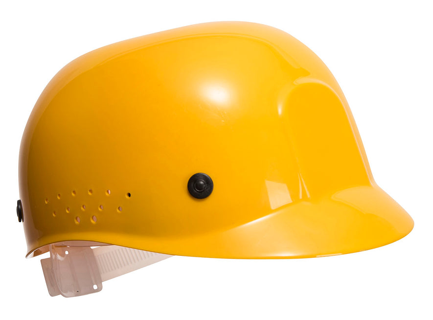 Side of Portwest Ultra Light Bump Cap in yellow with white harness, ventilation holes on side and black buttons.