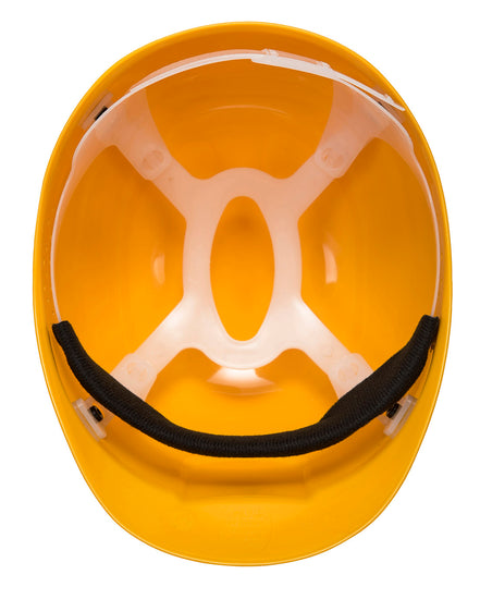 Underneath of Portwest Ultra Light Bump Cap in yellow with white harness and black forehead sweatband.