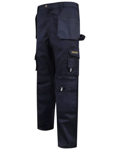 Navy Kapton heavy duty corder cargo trousers with holster pockets and d loop for a hammer.
