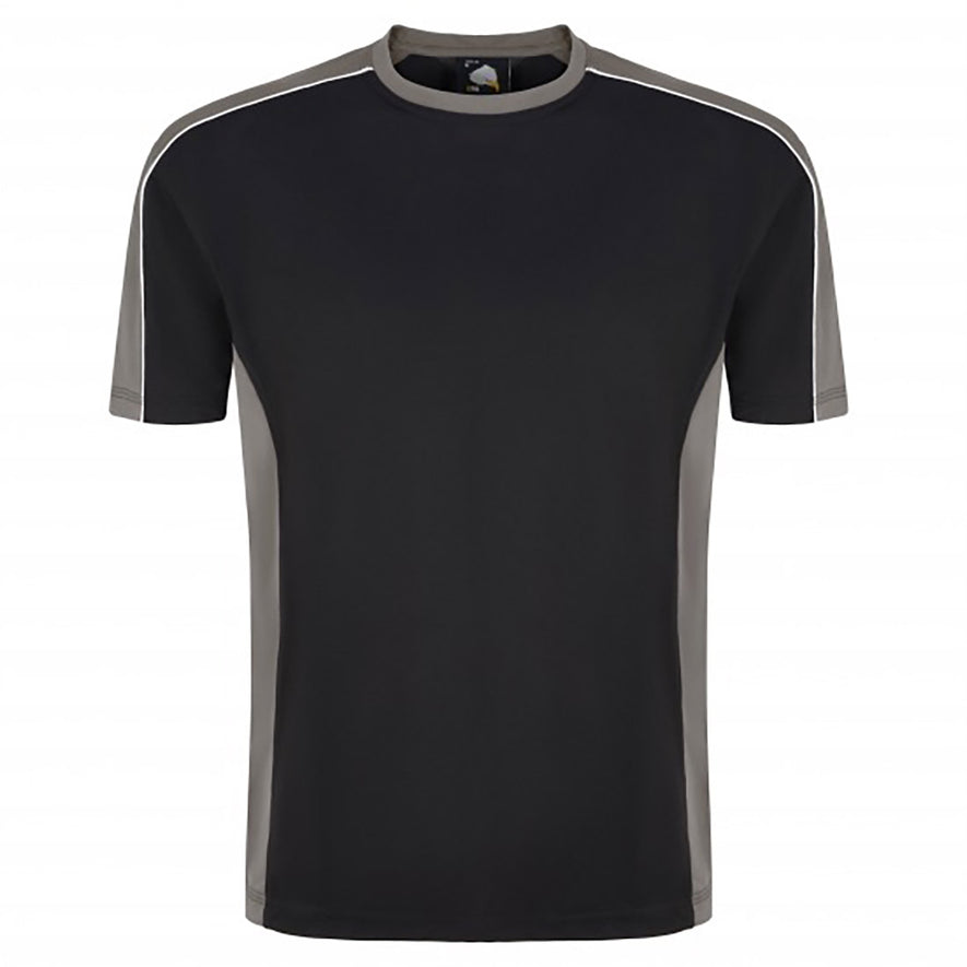 Orn Workwear Avocet Wicking T-Shirt with round neck in black with graphite grey accents on the sides, neck and arms, shirt also has white stithcing on the arms.