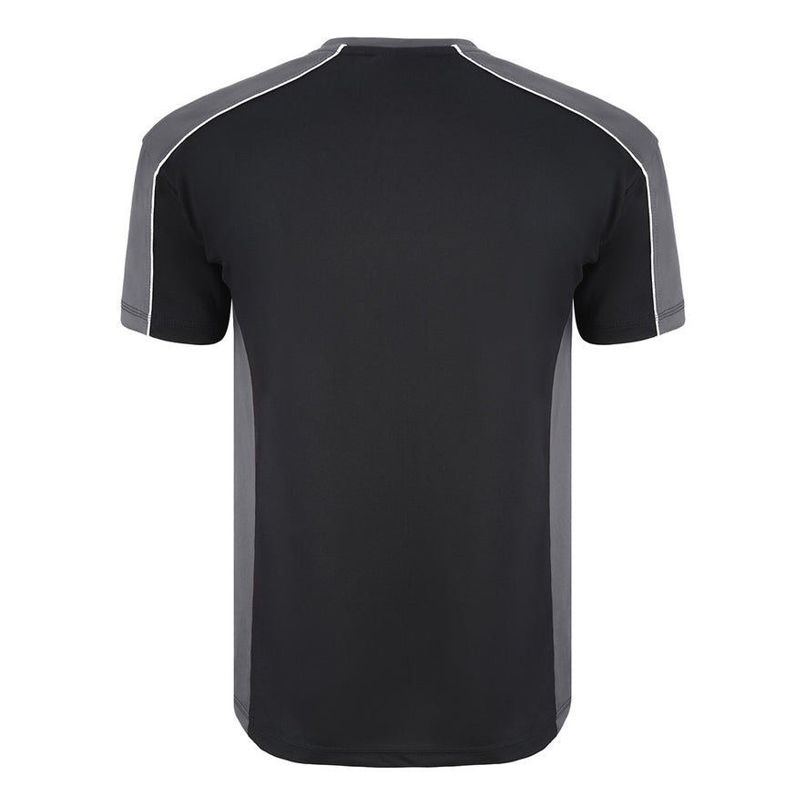 Back of Orn Workwear Avocet Wicking T-Shirt in black with graphite grey accents on the sides, neck and arms, shirt also has white stithcing on the arms.