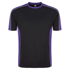Orn Workwear Avocet Wicking T-Shirt with round neck in black with purple accents on the sides, neck and arms, shirt also has white stithcing on the arms.
