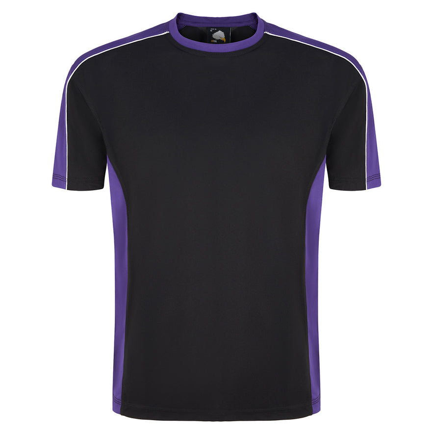 Orn Workwear Avocet Wicking T-Shirt with round neck in black with purple accents on the sides, neck and arms, shirt also has white stithcing on the arms.
