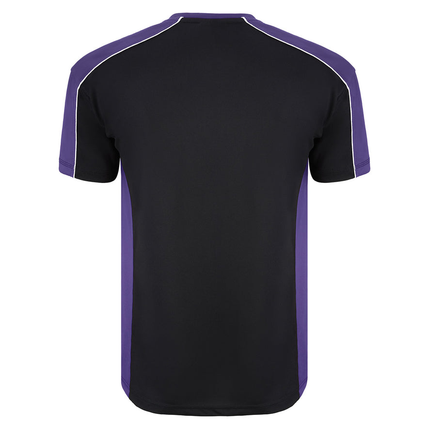 Back of Orn Workwear Avocet Wicking T-Shirt in black with purple accents on the sides, neck and arms, shirt also has white stithcing on the arms.