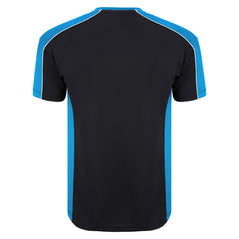 Back of Orn Workwear Avocet Wicking T-Shirt in black with reflex blue accents on the sides, neck and arms, shirt also has white stithcing on the arms.