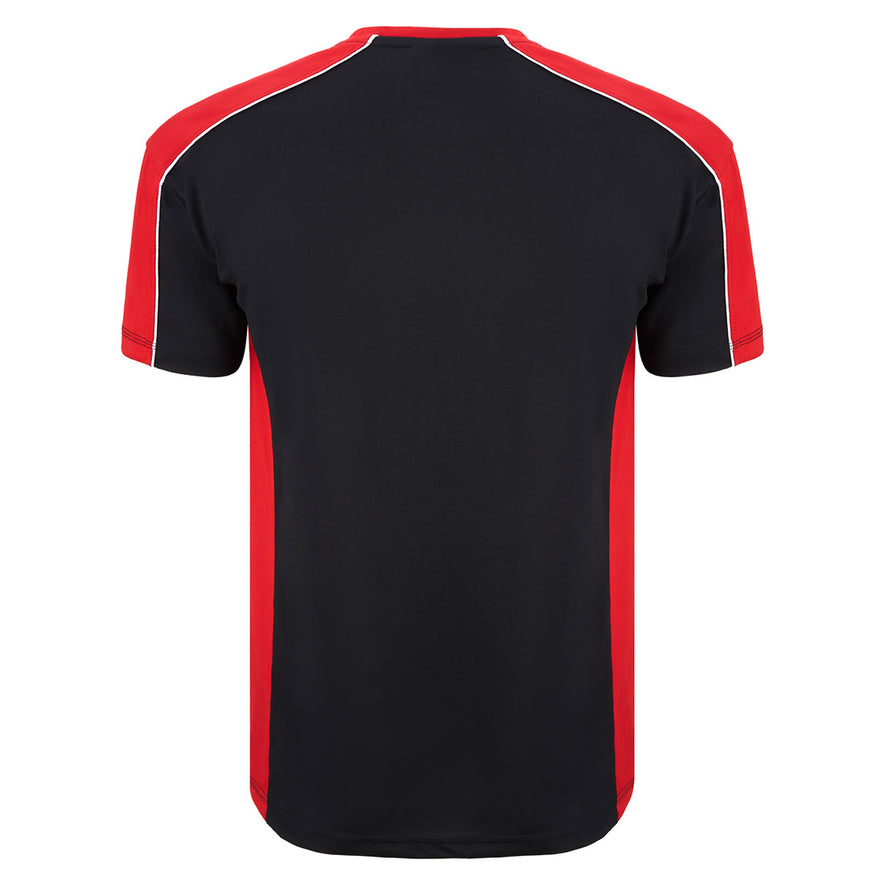 Back of Orn Workwear Avocet Wicking T-Shirt in black with red accents on the sides, neck and arms, shirt also has white stithcing on the arms.