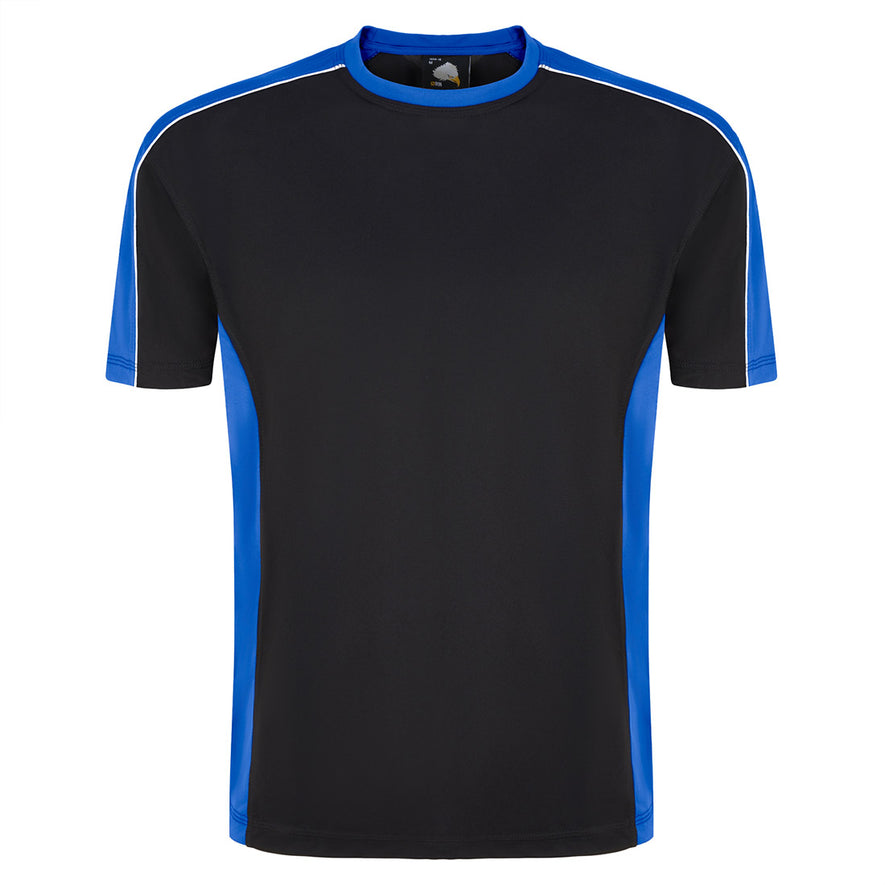 Orn Workwear Avocet Wicking T-Shirt with round neck in black with royal blue accents on the sides, neck and arms, shirt also has white stithcing on the arms.
