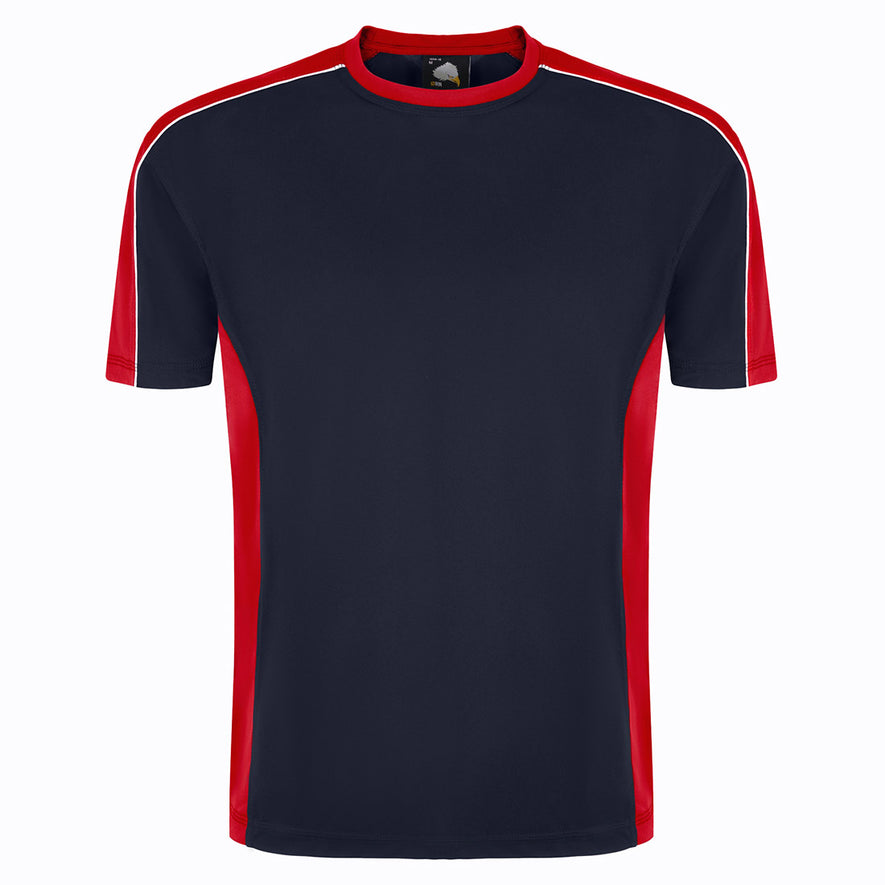 Orn Workwear Avocet Wicking T-Shirt with round neck in navy with red accents on the sides, neck and arms, shirt also has white stithcing on the arms.
