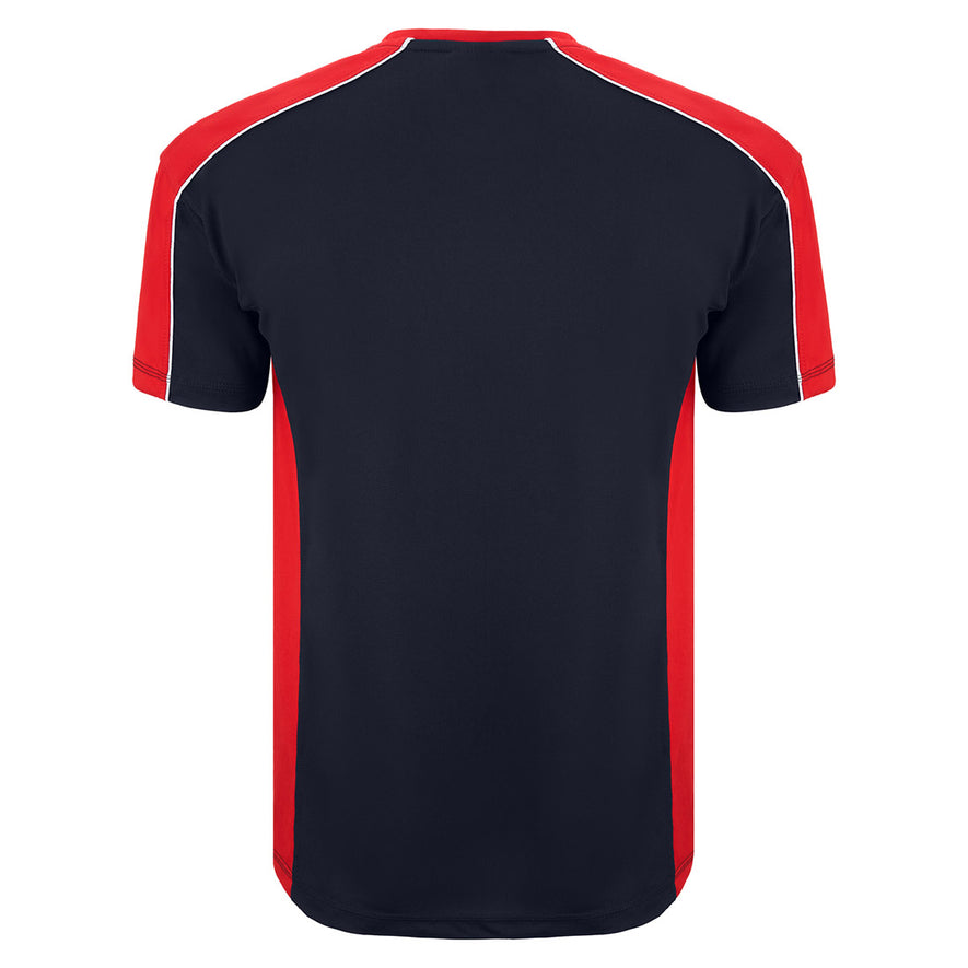 Back of Orn Workwear Avocet Wicking T-Shirt in navy with red accents on the sides, neck and arms, shirt also has white stithcing on the arms.