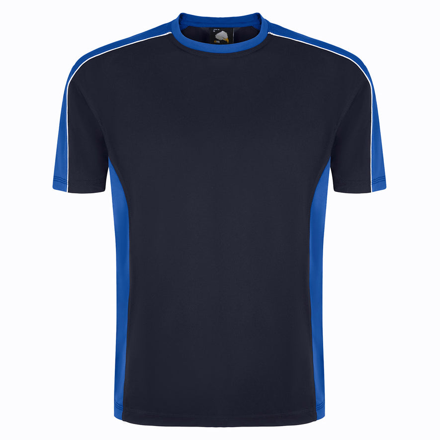 Orn Workwear Avocet Wicking T-Shirt with round neck in navy with royal blue accents on the sides, neck and arms, shirt also has white stithcing on the arms.