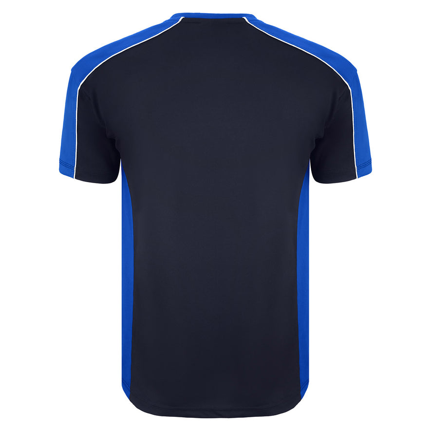Back of Orn Workwear Avocet Wicking T-Shirt in navy with royal blue accents on the sides, neck and arms, shirt also has white stithcing on the arms.