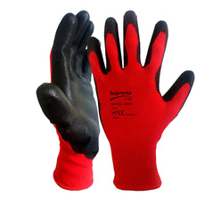 Red and black 100RB general handling glove, This glove is PU coated and has red elasticated cuffs.