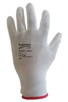 100 WW white general handling glove with white PU palm. glove has a red elasticated cuff.