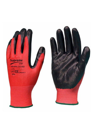 Red and black 103RB general handling glove, This glove is Nitrile coated and has green elasticated cuffs.