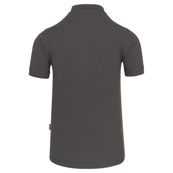 Back of Orn Workwear Osprey EarthPro Poloshirt with button up collar in graphite.