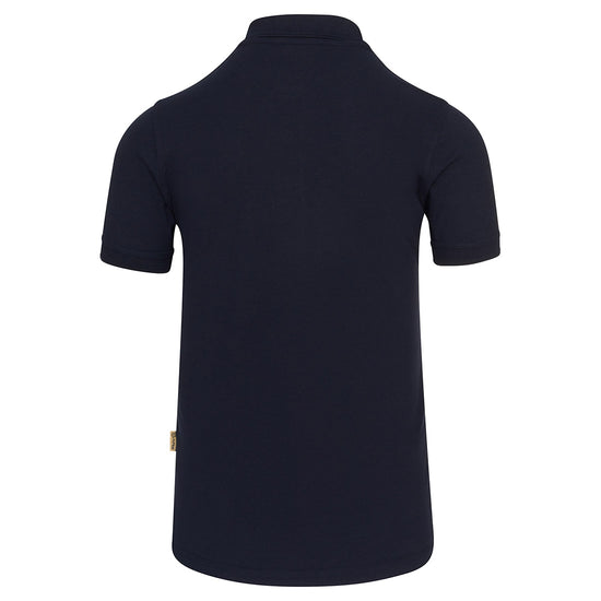 Back of Orn Workwear Osprey EarthPro Poloshirt with button up collar in navy.