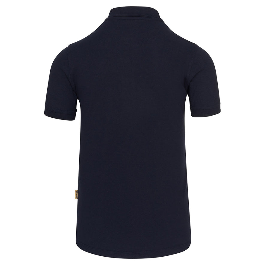 Back of Orn Workwear Osprey EarthPro Poloshirt with button up collar in navy.