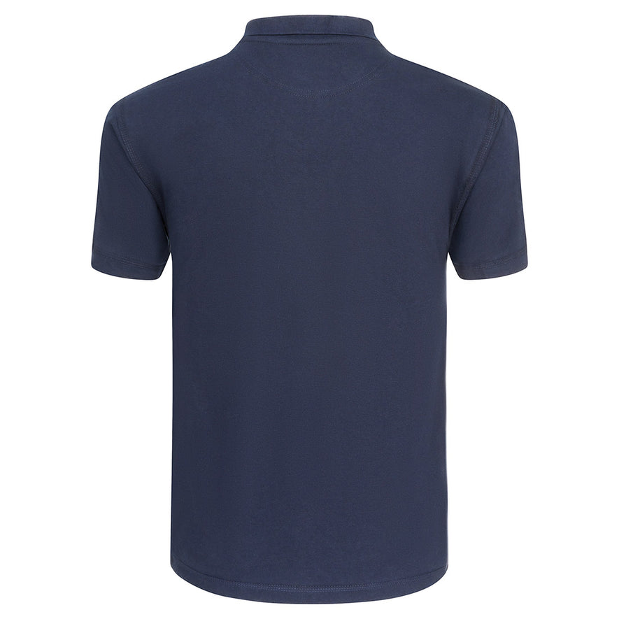 Back of Orn Workwear Osprey EarthPro Poloshirt with button up collar in navy.