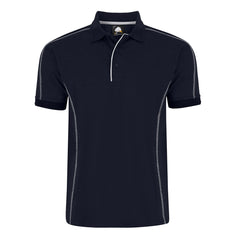 Orn Workwear Crane Poloshirt with button up collar in navy with contrast grey stitching and a white line down the placket.